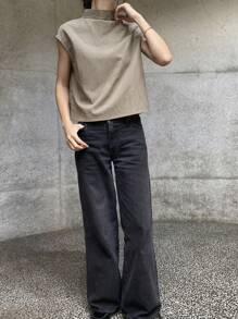 FRIFUL Women's Solid Color Stand Collar Loose Blouse, Casual Daily Wear Turtleneck Women