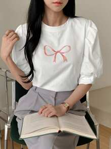 DAZY Spring/Summer New Bow Knot Printed Puff Sleeve Women T-Shirt, Stylish Cute Tops