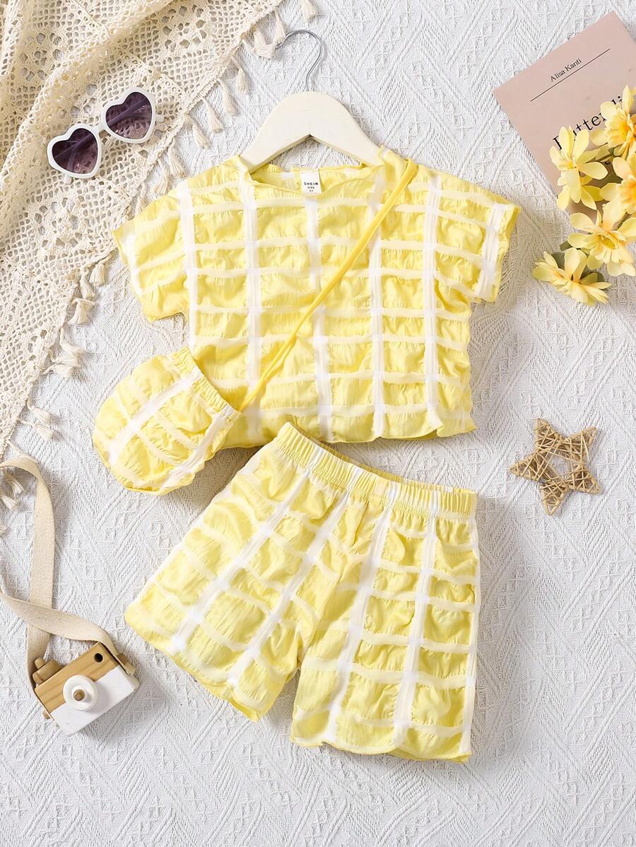 2pcs/Set Young Girl Plaid Round Neck Short Sleeve Top And Shorts Set - Pink - View 1