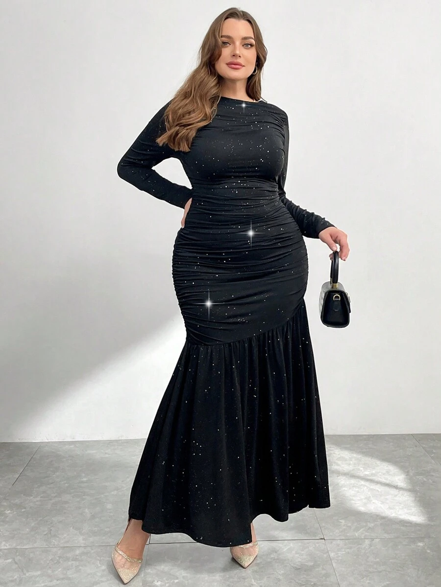 SHEIN Essnce Plus Size Women's Black Autumn Elegant Formal Evening Dress, Sparkly Long Birthday Wedding Guest Outfits,Slim Commuter Business Casual Clothes - Black - View 1