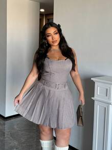 Flirla Ensemble robe portefeuille et jupe style américain à carreaux pour grandes tailles - Multicolore - Voir 3