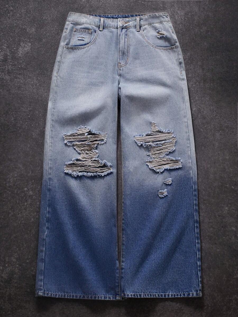 Manfinity EMRG 男式浅蓝色洗水做旧宽腿宽松牛仔裤 - 淺色水洗藍 - 查看 1