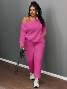 Slaydiva 2pcs Women Plus Size Basic Solid White Fitted Asymmetric Neck Top And Straight Leg Pants, Cross Rib Knit Fabric, Casual & Home Wear, Spring/Autumn