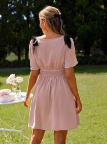 SHEIN VCAY Women Elegant V-Neck Short Sleeve Solid Color Pleated Short Dress, Minimalist,New Year Party Dress, Pink  Romantic Dress, Valentine's Day,Bow,A Line,Short Sleeve Dress Christmas Party Women Dress Holiday Party Women Dress,Valentine's Day Dress,Easter Women Dress,Tea Party Outfit,Pink