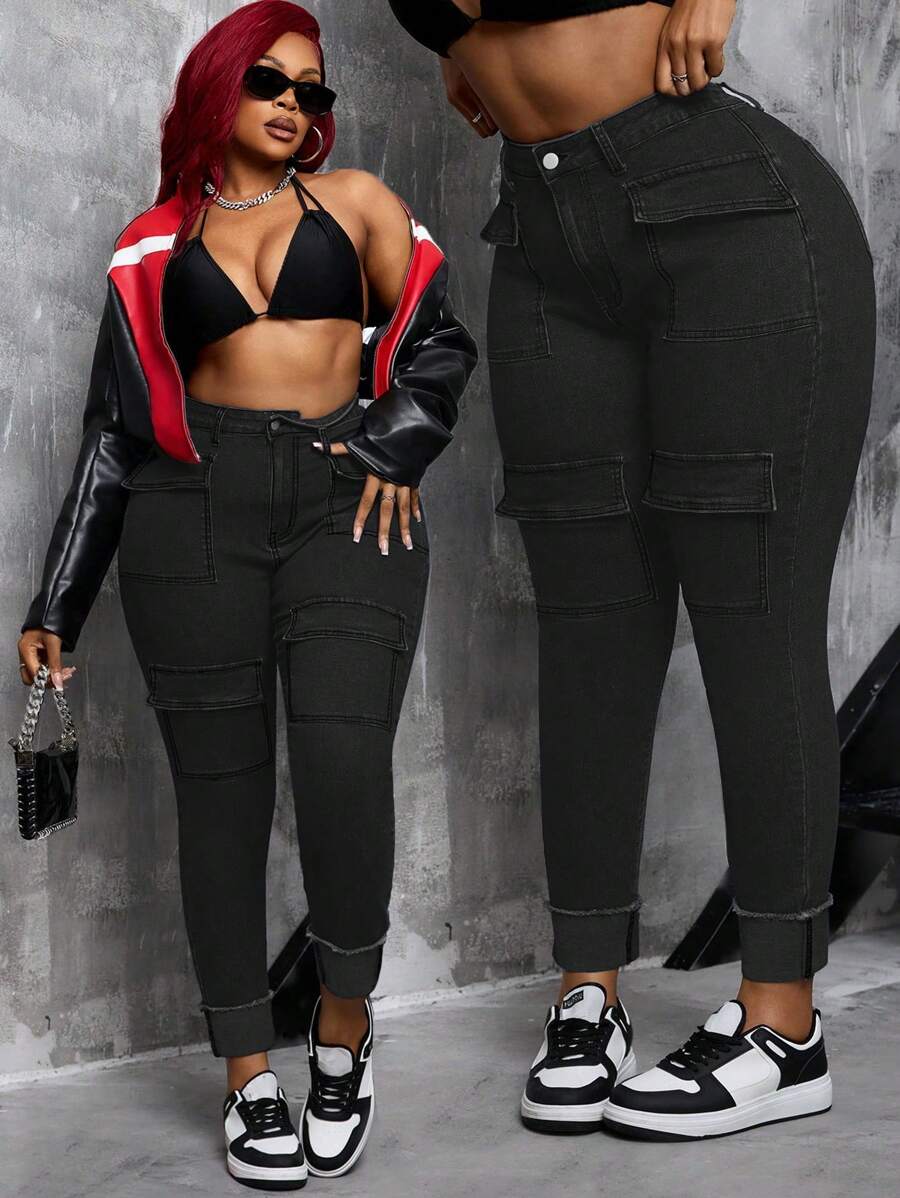 SHEIN SXY 大码女式多口袋弹力牛仔紧身九分裤 - 黑色 - 查看 1