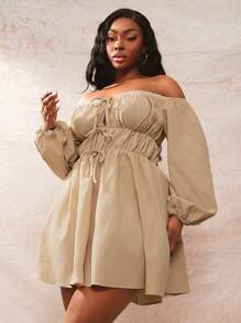SHEIN SXY Plus Size Bohemian Solid Color Off Shoulder Long Sleeve Tie Front Casual Short Dress