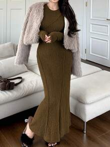 Modelyn Waist Cinched Ribbed Velvet Long Dress, Versatile Long Evening Dresses - Olive Green - View 2