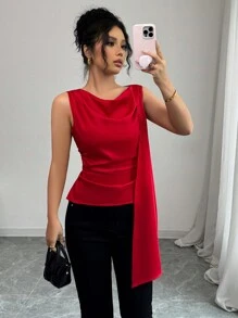 Elenzga 缎面面料不对称荷叶边优雅女士衬衫，情人节 - 紅色 - 查看 1