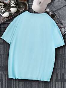 SHEIN Plus Size Men's T-Shirt,Light Blue And White,Summer,Streetwear,City Break,Round Neck Short Sleeve,Creative Digital Printing LOVE Airplane,Loose Fit - Baby Blue - View 2