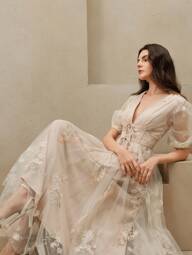 Anewsta European & American Mesh Floral Print V-Neck Long Dress With Puff Sleeves, Floral Dress, Spring Outfit For Women