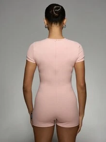 Missguided x Playboy Text Print Back Zip Slim Fit Round Neck Short Sleeve Casual Shorts Unitard - Pink - View 2