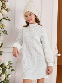 SHEIN Leap Crew فستان طويل الأكمام بياقة عالية منسوج، أكمام متضخمة، قصة A، للمراهقات، للشتاء والخريف، أبيض، كاجوال، مناسب للكريسماس
