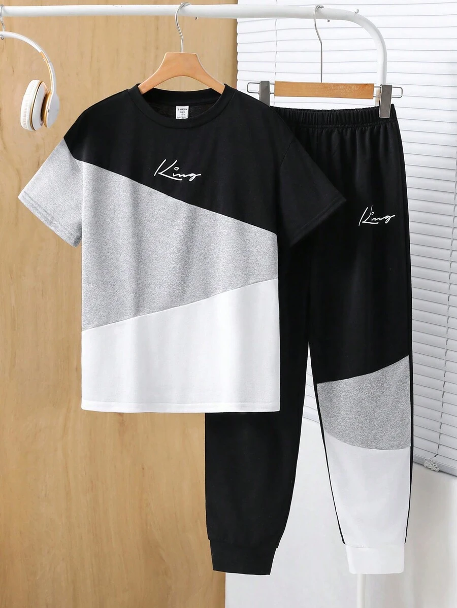 SHEIN Tween Boy 2 件套宽松字母图案圆领短袖 T 恤和松紧腰裤套装,休闲套装适合通勤、上学、日常休闲、运动、春夏 - 灰色 - 查看 1