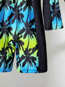 SHEIN Young Boy Long Sleeve Tropical Palm Tree Print Swimsuit With Sun Hat, Beachwear For Boys, Suitable For Summer Vacation, Beach, Swimming - Multicolor - View 4