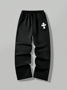 SHEIN Teens/Youth Boys' Casual Loose Knit Sweatpants With Cross-Stitched Embroidery - Black - View 3