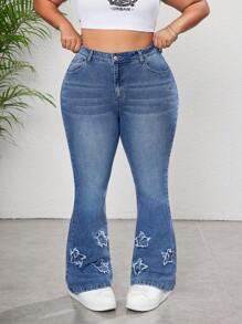 SHEIN CURVE+ Pantalones acampanados de mezclilla con estampado de estrella para mujer talla grande, de mezclilla elástica que estilizan la figura, para conjunto de primavera y verano, atuendo casual