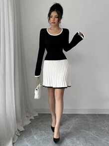 Elenzga U-Neck Color Block Knit Sweater Dress With Youthful Look - Multicolor - View 4