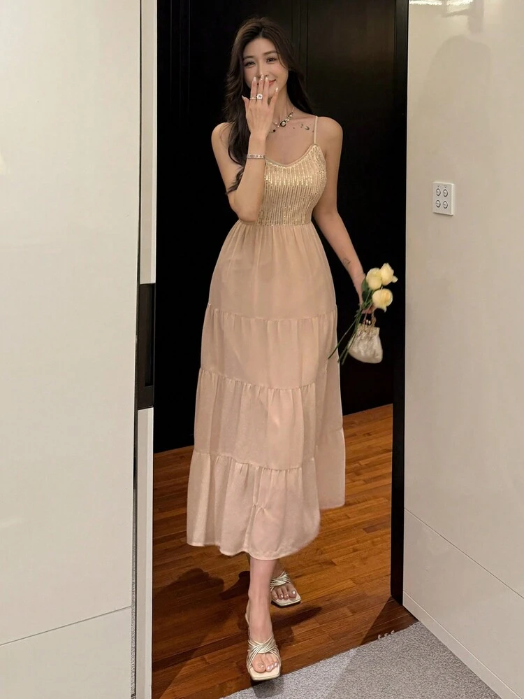 New Elegant Patchwork Women Spaghetti Strap Dress For Date Night, Spring/Summer Prom Spaghetti Strap Dress,Casual Women Dresses Maxi Dress