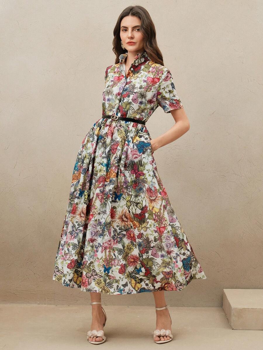春夏多巴胺彩色蝴蝶花卉印花立领长衬衫裙配腰带，优雅淑女裙，女士沙滩装 - 彩色 - 查看 1