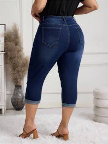 SHEIN LUNE Plus Size Button Front Pocket Distressed Simple Casual Denim Jeans - Blue - View 4