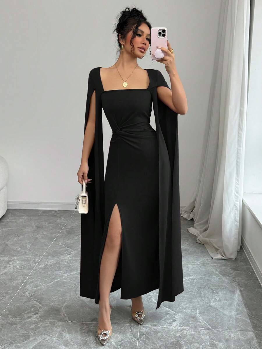 Rafferiza Vestido de cóctel ajustado de manga larga y sexy de color rojo, para invierno - Negro - Ver 1