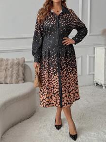 Women Plus Size Elegant Polka Dot Print Knitted Mid-Length Casual Dress, Spring