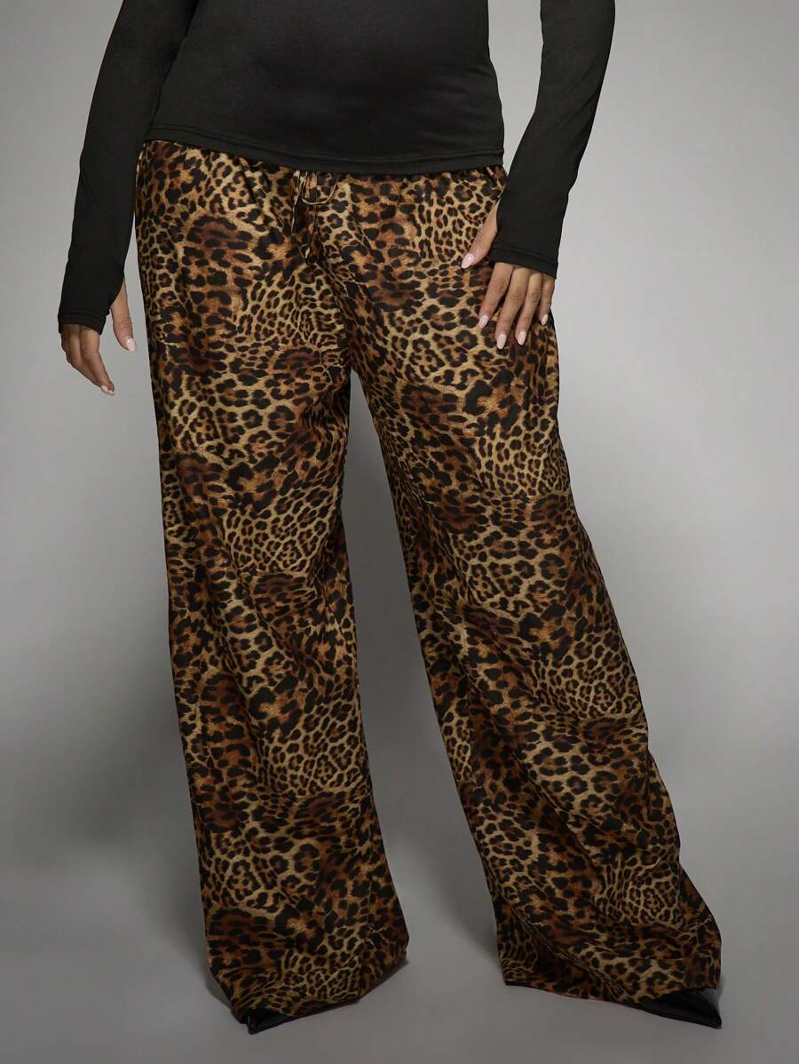 MISSGUIDED PLUS Plus Size Palazzo Wide Leg Trousers Leopard Print High Waisted Animal Pattern Statement Pants Evening Party Formal Wear Fall Winter Fashion - Multicolor - View 1