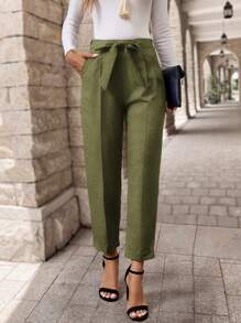 EMERY ROSE Women's Solid Color Front Tie Pocket Simple Casual Dress Pants - Army Green - View 1