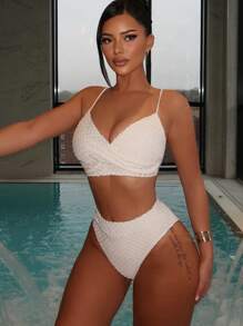 SHEIN Swim Springbreak 女式纯色纹理面料细肩带高腰两件套比基尼套装