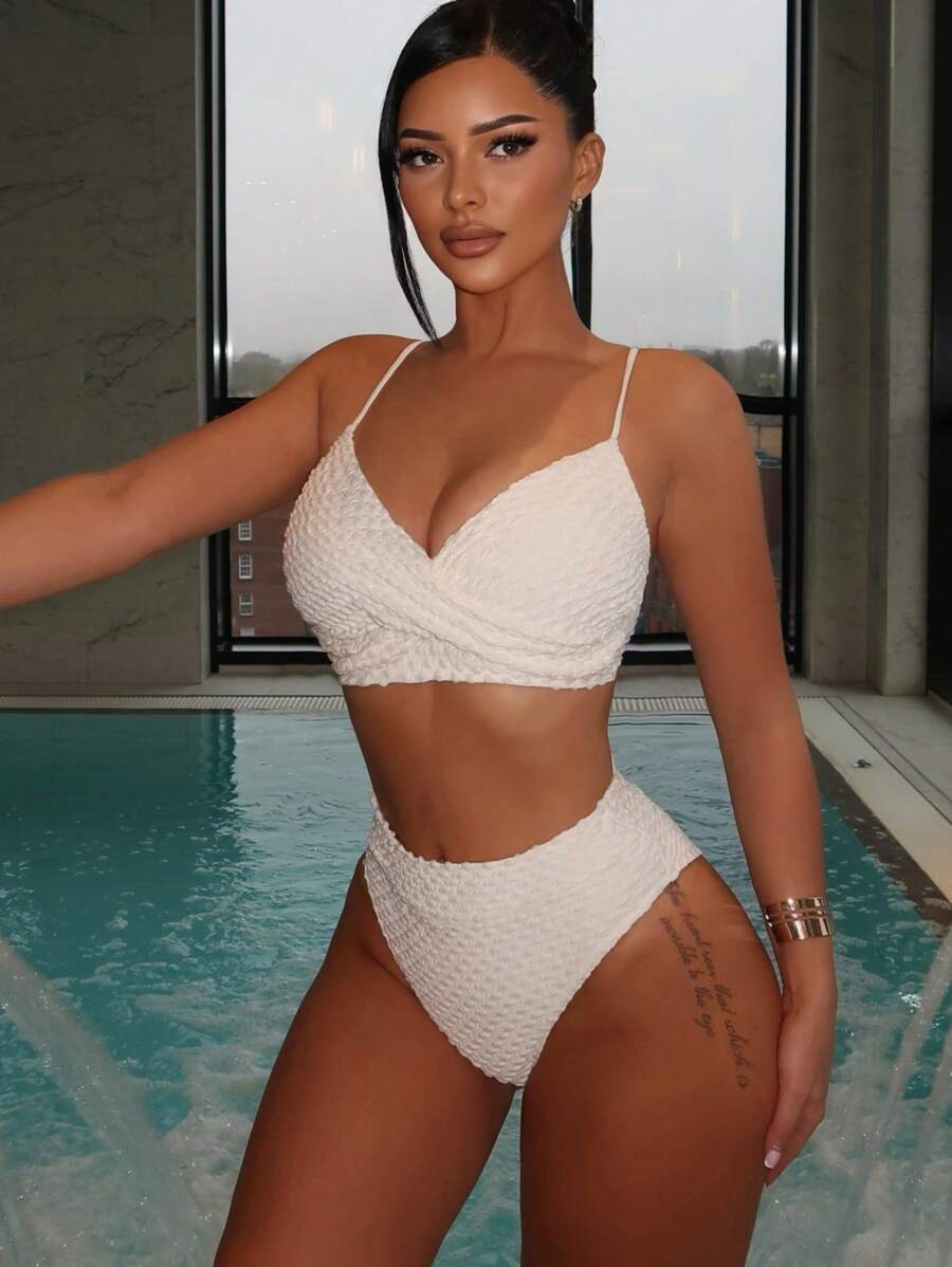 SHEIN Swim Springbreak 女式纯色纹理面料细肩带高腰两件套比基尼套装