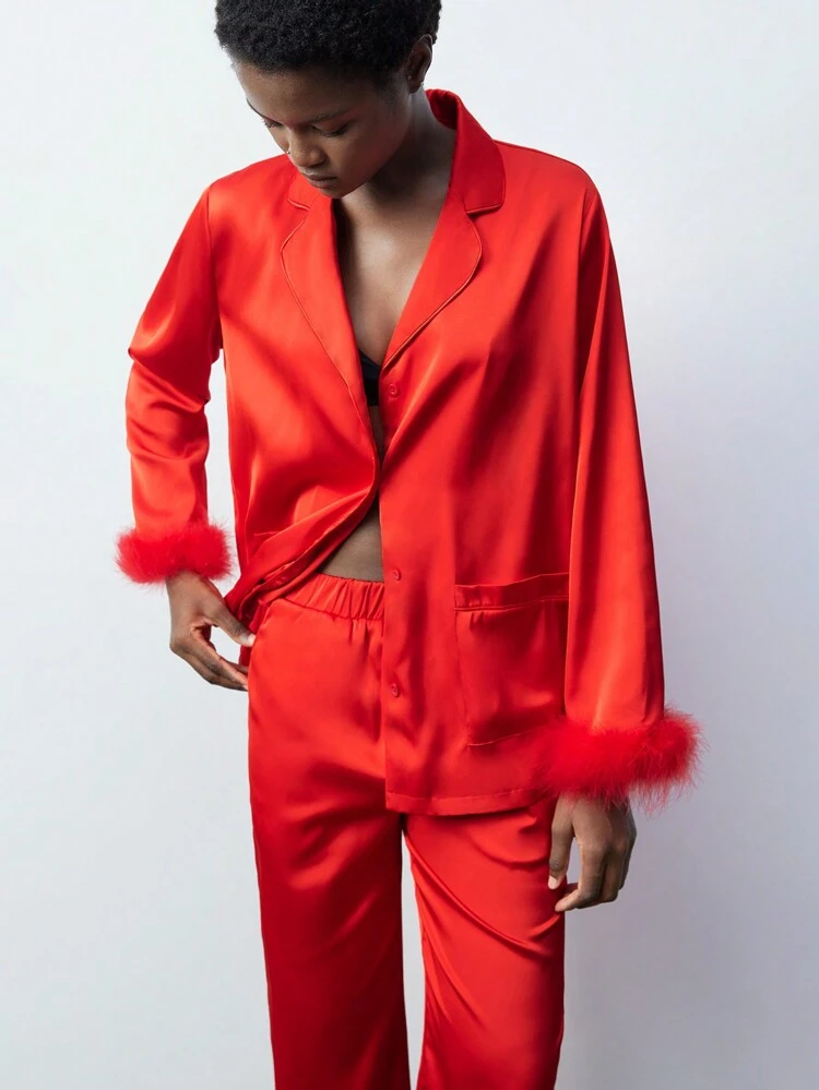 SHEIN Maija Women's Red Fur Cuff Patchwork Pullover Sweatshirt And Elastic Waist Loose Pants 2 Pieces Set, Fashionable Party/Holiday Outfit For Christmas Valentine's Day Festival