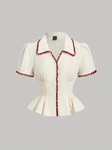 SHEIN MOD Áo blouse viền màu kem cho nữ, thường ngày, mặc dự tiệc, ngày lễ tình nhân, áo dễ thương, áo đi chơi, mùa xuân, mùa hè, trang phục nghỉ dưỡng cho nữ, áo blouse công sở cho nữ, phụ nữ cổ điển, phụ nữ đi nghỉ mát, bãi biển cho phụ nữ, phong cách phương Tây cho phụ nữ, tiệc trà, hòa nhạc đồng quê, áo nghỉ mát - Màu be - Xem 1