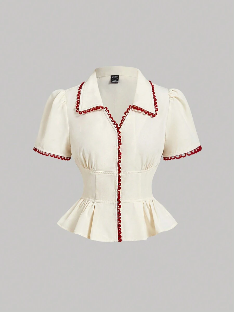 SHEIN MOD Áo blouse viền màu kem cho nữ, thường ngày, mặc dự tiệc, ngày lễ tình nhân, áo dễ thương, áo đi chơi, mùa xuân, mùa hè, trang phục nghỉ dưỡng cho nữ, áo blouse công sở cho nữ, phụ nữ cổ điển, phụ nữ đi nghỉ mát, bãi biển cho phụ nữ, phong cách phương Tây cho phụ nữ, tiệc trà, hòa nhạc đồng quê, áo nghỉ mát - Màu be - Xem 1