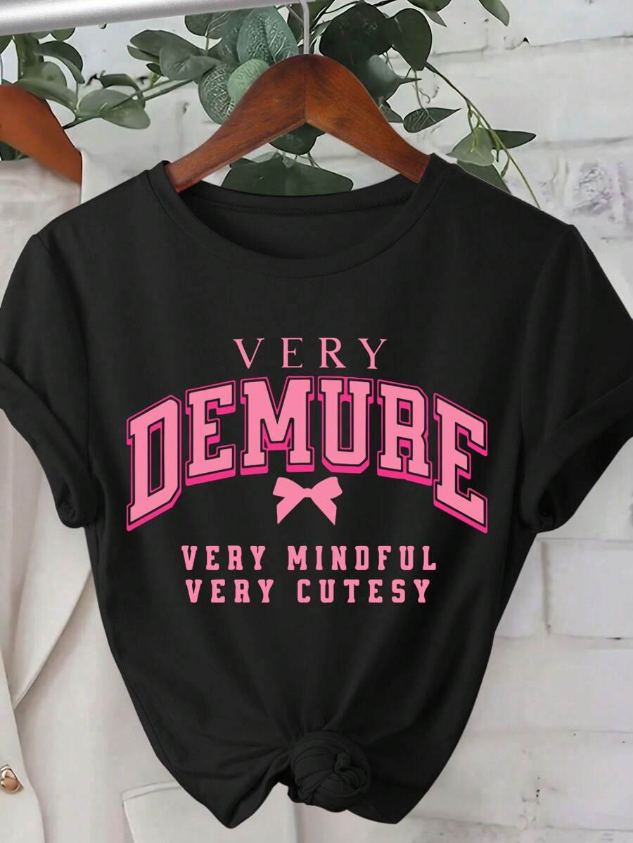 INAWLY Women's Short Sleeve Casual Crew Neck T-Shirt With Bow Pattern, Fashion Top For Spring And Summer - Black - View 1