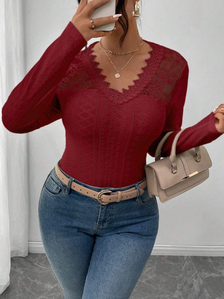 SHEIN Frenchy White V-Neck Lace Patchwork Long Sleeve T-Shirt, Suitable For Layering In Autumn/Winter - Red - View 1