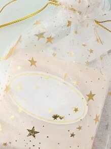 SHEIN 20/50/100 件 9*12 厘米烫印白色月亮和星星图案欧根纱抽绳礼品袋，适用于珠宝储存、糖果、巧克力包装、生日、派对礼品包装 - 白色 - 查看 5
