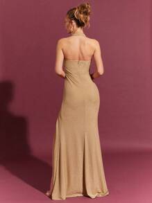 L'Amorae Square Neck Metallic Maxi Dress With Slit