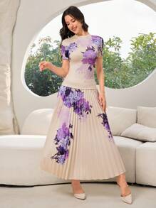 Modelyn 2pcs/Set Women Elegant Floral Print Short Sleeve Top And Pleated Skirt