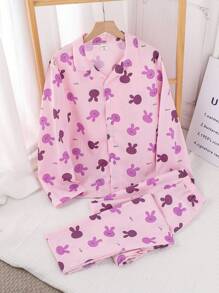 2pcs/Set Teen Girl Casual Rabbit Print Lapel Shirt With Long Pants Comfy Homewear Set, Pink - Purple - View 1