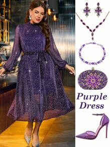 SHEIN Clasi Vestido morado brillante con mangas largas, semi-transparente y forrado, talla grande, elegante para fiesta de Año Nuevo - Morado - Ver 1
