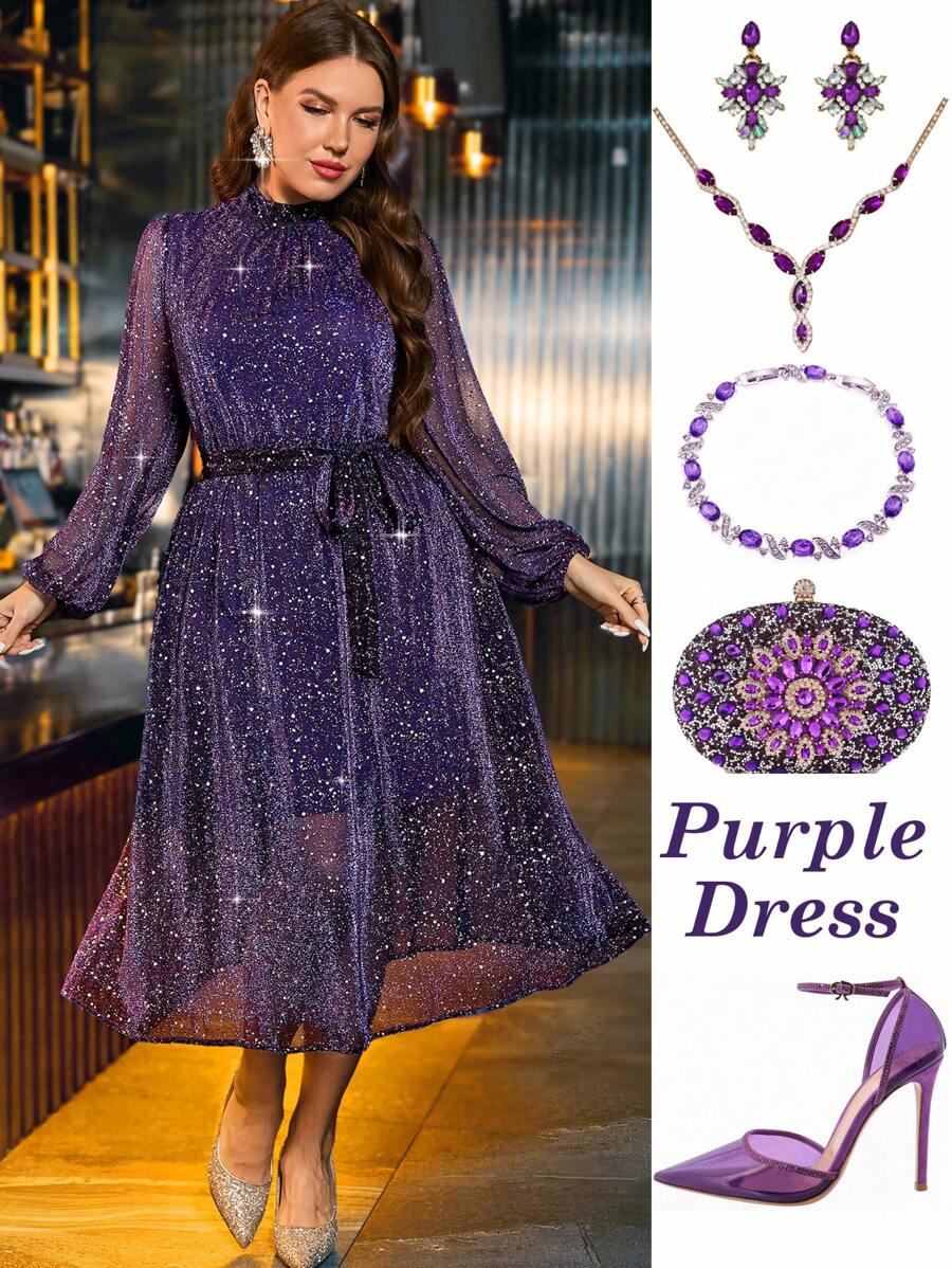 SHEIN Clasi Vestido morado brillante con mangas largas, semi-transparente y forrado, talla grande, elegante para fiesta de Año Nuevo - Morado - Ver 1