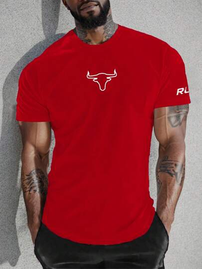 Manfinity Fitness 男士圆领短袖印花休闲运动T恤，简约运动上衣圣诞节透气