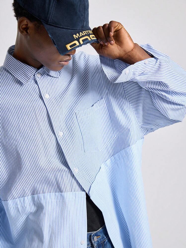 Men's Fashionable Striped Blue And White Contrast Woven Long Sleeve Shirt