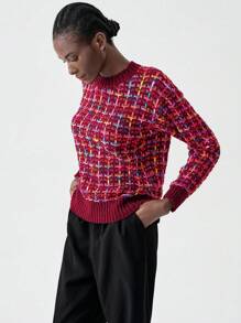 Chiquease Casual Colorful Plaid Pattern Knit Sweater, Autumn/Winter Knit Pullover Fall Sweater - Burgundy - View 4