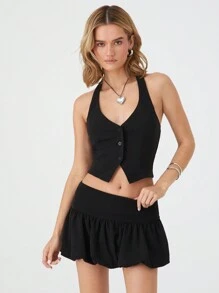 SHEIN EZwear Conjunto casual de mujer con chaleco con ata de un solo pecho y unicolor, talla grande falda plisada midi - Negro - Ver 4