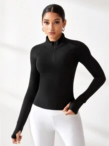 SHEIN Sport Studio Women Solid Color Front Zipper Long Sleeve Simple Fitted Sports Yoga Sweatshirt