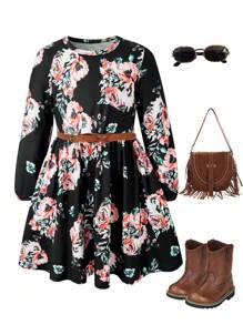Young Girls Fashion Long Sleeve Floral Print Waist-Cinched Maxi Dress, Beach Dress - Multicolor - View 8