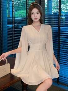 DAZY Women V-Neck Long Sleeve Minimalist Elegant Short Party Dress Prom Dress Sundress,Fall Dress