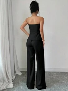 Selianne 女士纯色单排扣吊带背心和直筒裤套装，优雅 - 黑色 - 查看 2