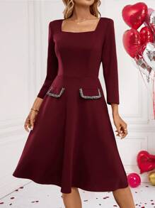 EMERY ROSE New Years Dress Women A-Line Button Decor Square Neck Long Sleeve Dress,Elegant Burgundy Dress